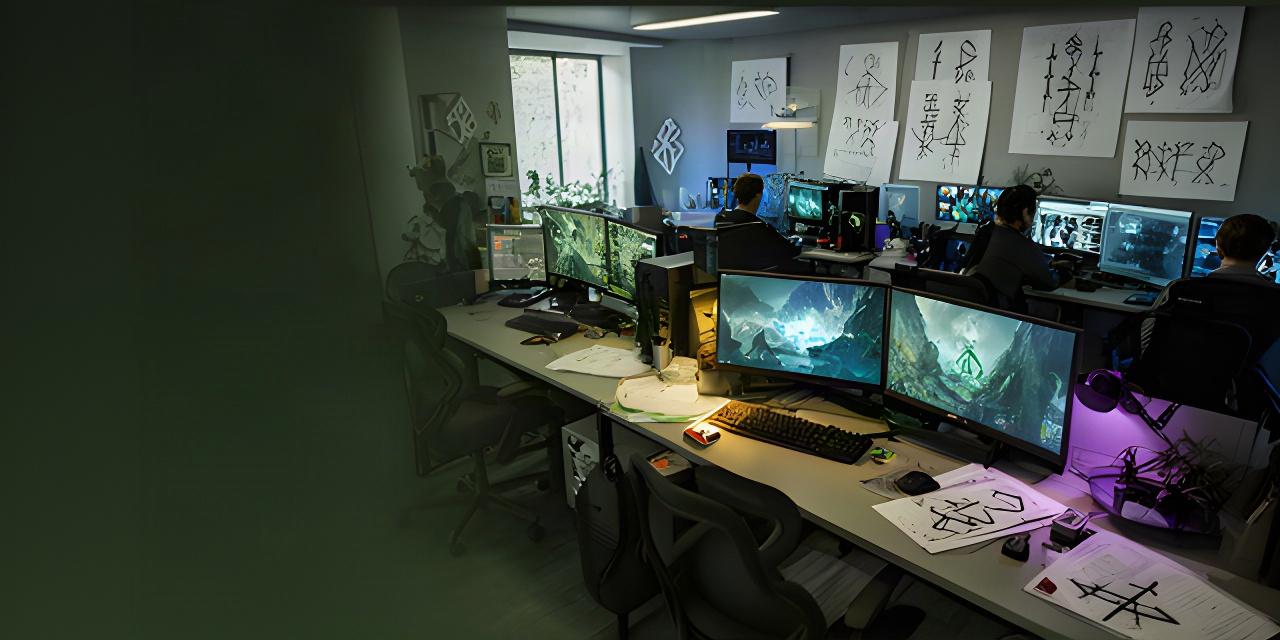 Birou de studio de jocuri din Cluj-Napoca cu schițe de rune nordice și monitoare cu grafică 3D