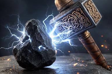 Fragment de piatră întunecată cu scântei, lângă un ciocan viking ornamentat