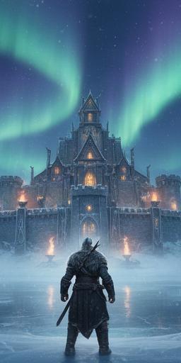 Ecran de joc mobil cu erou viking în fața unei cetăți nordice luminate de auroră