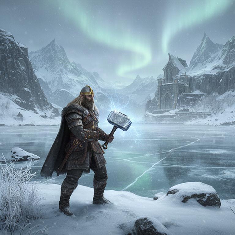 Personaj viking cu ciocan de tunet într-o vale arctică, lângă un lac înghețat