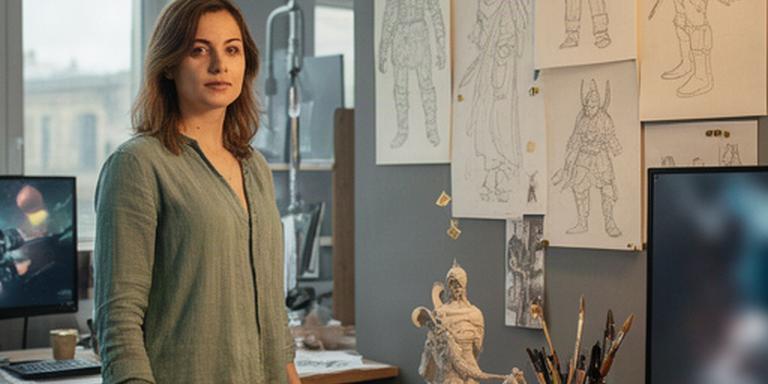 Directoare artistică într-un studio din Cluj-Napoca, lângă schițe de personaje nordice