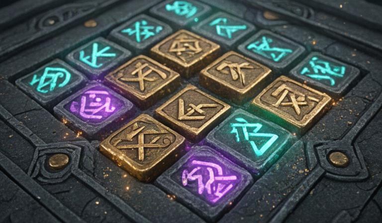 Tablă de puzzle cu rune antice luminoase și elemente metalice aurii