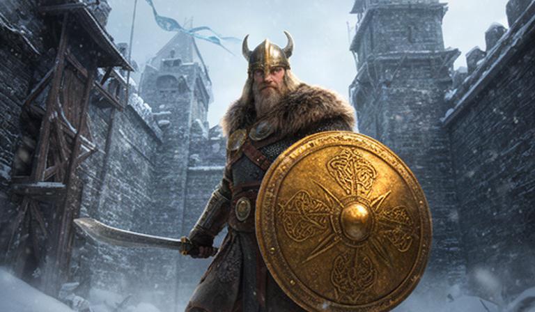 Erou viking cu scut auriu într-o cetate nordică acoperită de zăpadă